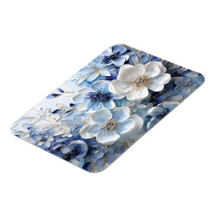 Íman Moderno Botânico Floral Azul Branco Elegante