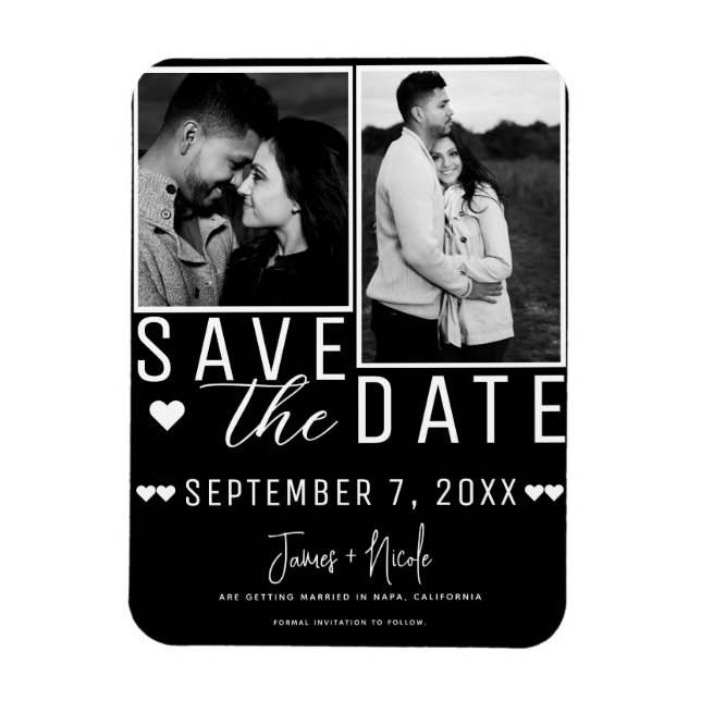Íman Moderno Casamento Preto e Branco Save the Date 2 F (Vertical)