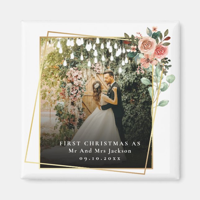 Íman Moderno Nosso Primeiro Natal Como Sr e Sra Floral (Frente)