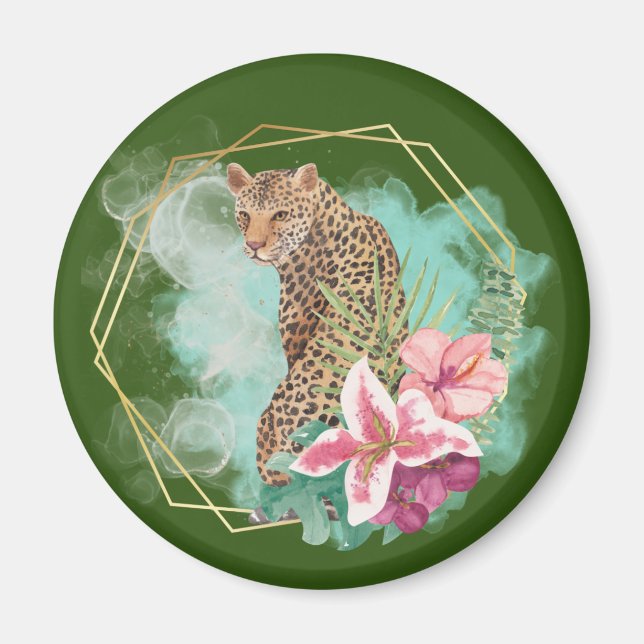 Íman Moldura de leopardo e tropical em aquarela   (Frente)