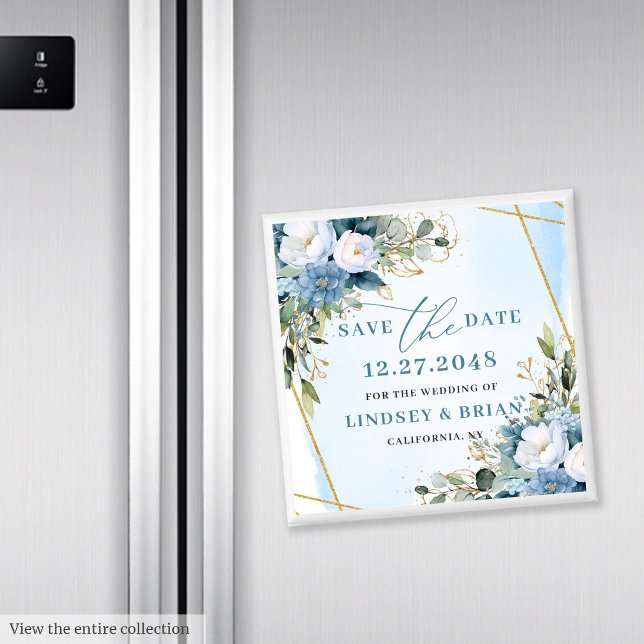 Íman Moldura em Azul Dourado Chic Dusty Floral Salve a  (Chic Dusty Blue Gold Frame Floral Save the Date)