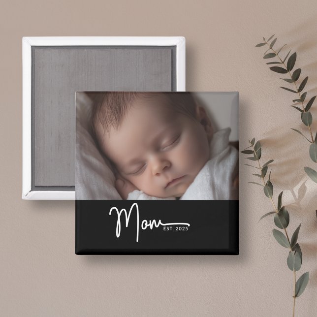 Íman Mom Established Black Modern Script Photo Gift  (Perfect for new moms or Mother’s Day gifting.)