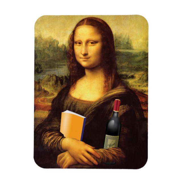 Íman Mona Lisa engraçada com vinho e livro (Vertical)
