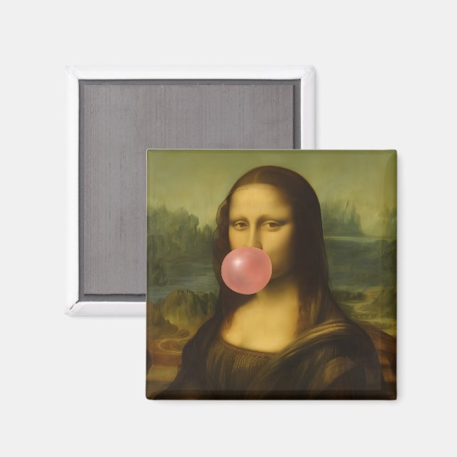 Íman Mona Lisa Piscando Goma-Bolha Rosa (Front/Back)