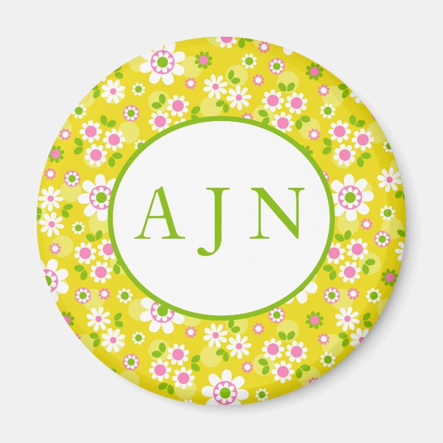 Íman Monograma Amarelo e Branco das Flores de Mod Retro (Frente)