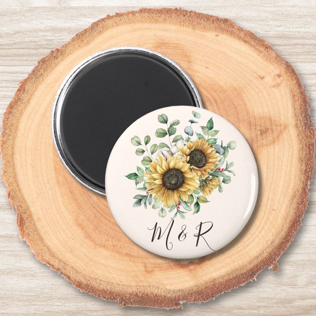 Íman Monograma Aquarela Vintage Girassol Russo (Close up on wood)