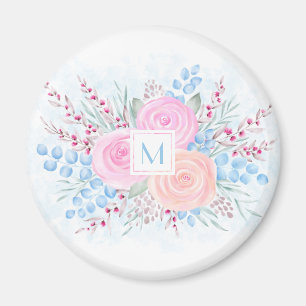 Íman Monograma Cor de Água Buquê Rosas Rosa Azul Folh