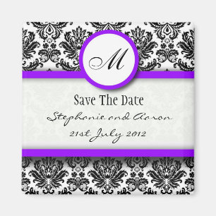 Íman Monograma de Damasco Preto e Roxo Salvar a Data
