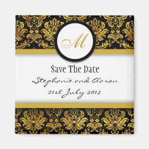 Íman Monograma de Damask Preto e Dourado Salvar a Data