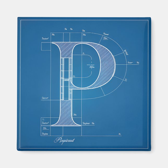 Íman Monograma de Letra P em Blueprint (Frente)