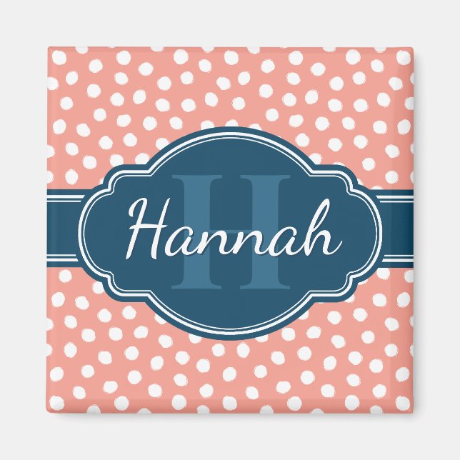 Íman Monograma de Marinho de Padrão Branco Cor-de-Rosa (Frente)