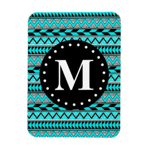 Íman Monograma de Padrão de Chevron Tribal Azul Aqua