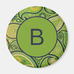 Íman Monograma de Padrão Paisley Verde Ornamentado