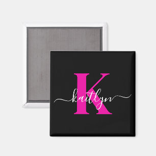 Íman Monograma de Script Rosa Quente Preto Elegante