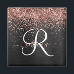 Íman Monograma do Sparkle preto com brilho Dourado com<br><div class="desc">Personalize facilmente este elegante design de ímã tenda com brilho bonito de ouro rosa em um fundo metálico escovado preto.</div>