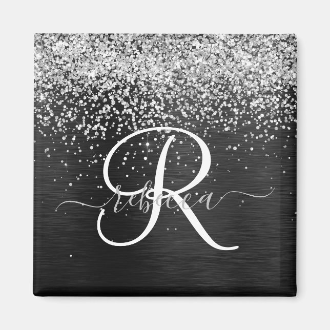 Íman Monograma do Sparkle Preto com Glitter de Prata Pe (Frente)