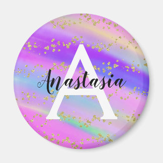 Íman Monograma Dourado Colorido do Arco-Íris do Unicórn