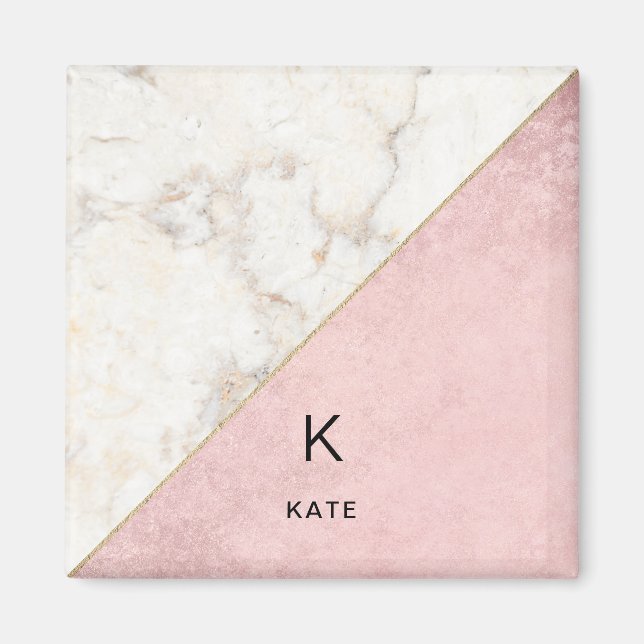 Íman Monograma Elegante Marble Minimalista Rosa Dourado (Frente)