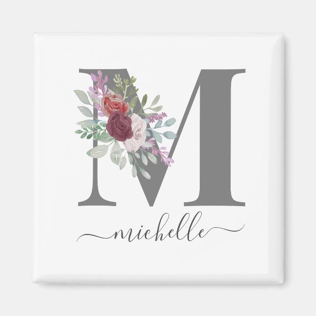 Íman Monograma Floral Moderno com Nome Inicial (Frente)