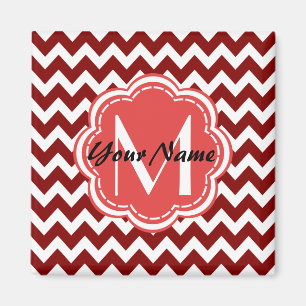 Íman Monograma Floral Vermelho Chevron, Nome Personaliz