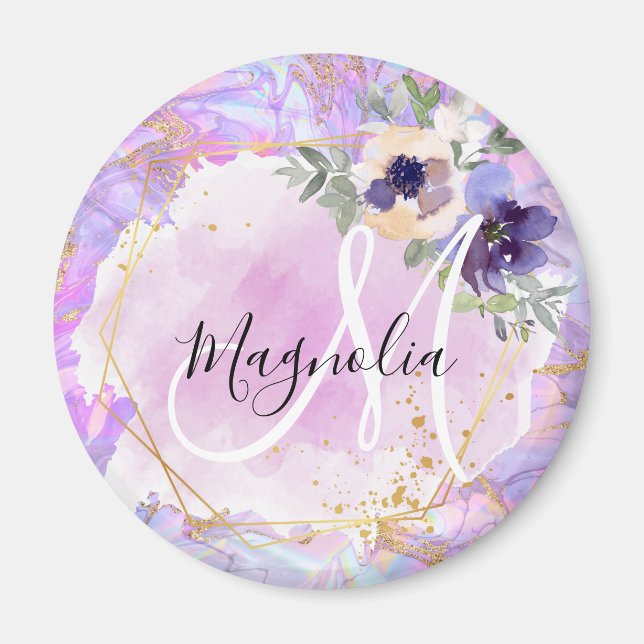 Íman Monograma Mármore Arco-Íris Roxo, Rosa e Dourado F (Frente)