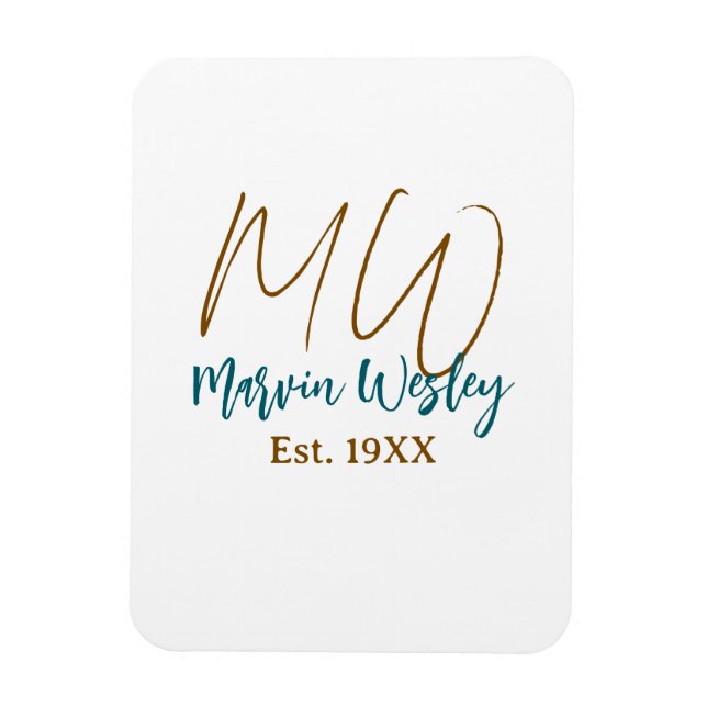 Íman Monograma marrom azul turquesa ano est. simples mi (Vertical)