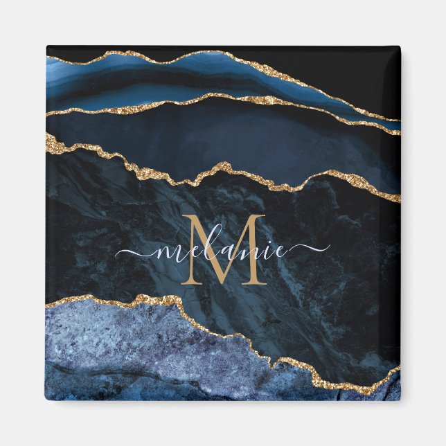 Íman Monograma Nome Agate Marinho Azul Gemstone Marble  (Frente)