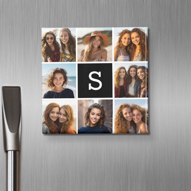 Íman Monograma Personalizado de Colagem de Fotos em Pre (Personalized fridge magnet with photos and custom text)