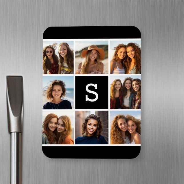 Íman Monograma Personalizado de Colagem de Fotos em Pre (Personalized fridge magnet with photos and text)