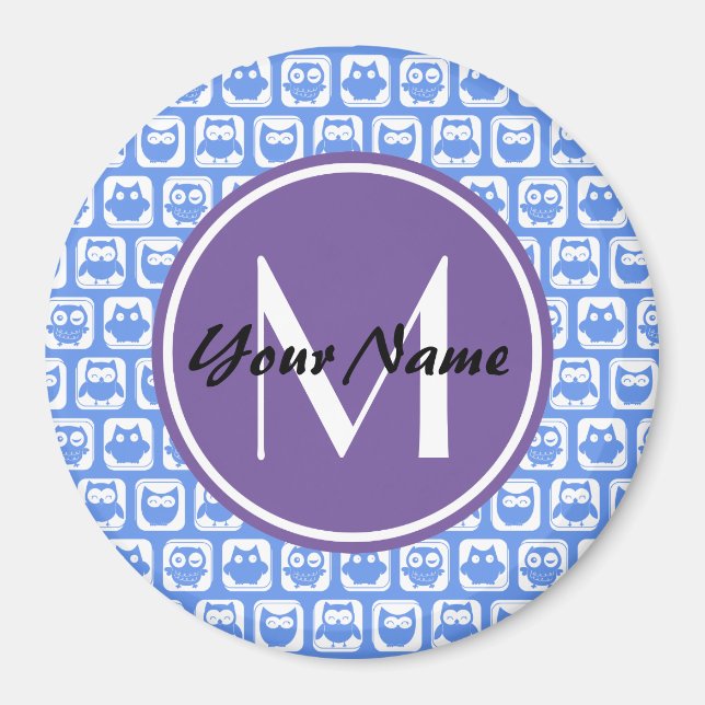 Íman Monograma Personalizado de Corujas Azuis (Frente)
