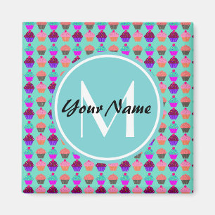 Íman Monograma Personalizado do Cupcake Aqua