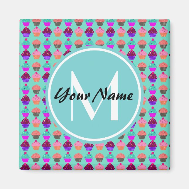 Íman Monograma Personalizado do Cupcake Aqua (Frente)