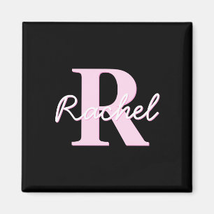 Íman Monograma Personalizável Fofo Rosa Claro e Preto