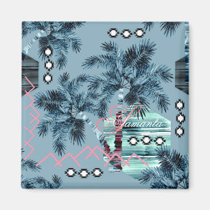 Íman Monograma preto azul-Havaiano Palm personalizado