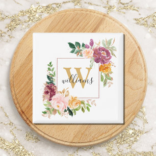 Íman Monograma Rosa Floral Botânica Elegante em Aquarel