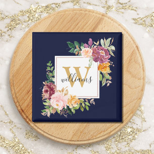 Íman Monograma Rosa Floral Botânica Elegante em Aquarel