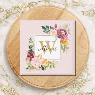Íman Monograma Rosa Floral Botânica Elegante em Aquarel