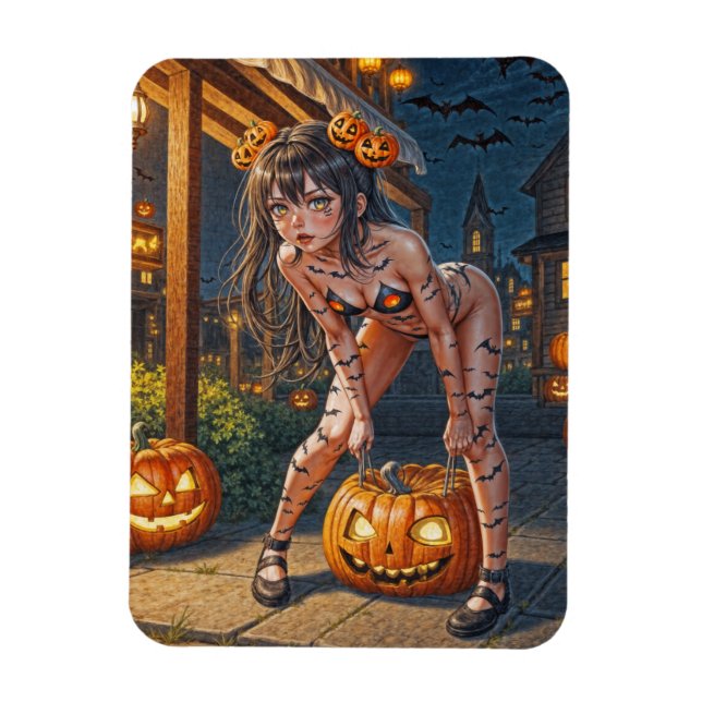 Íman Monstro do Halloween Jack-o-Lantern & Garota Vixe  (Vertical)
