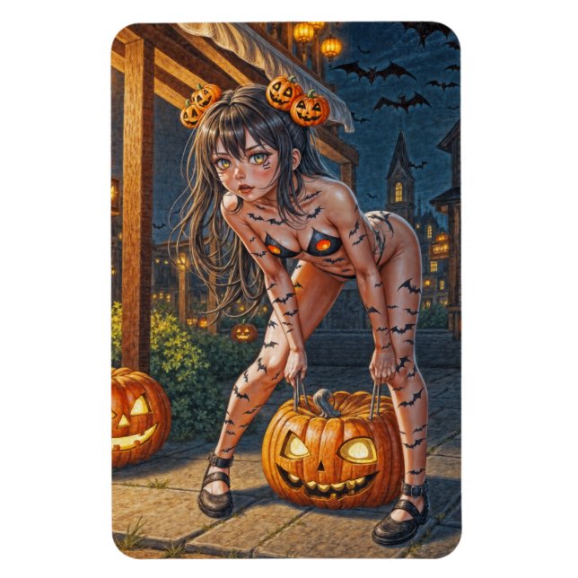 Íman Monstro do Halloween Jack-o-Lantern & Garota Vixen (Vertical)