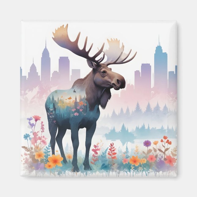Íman Moose Vintage Animal Nature Flowers Art (Frente)