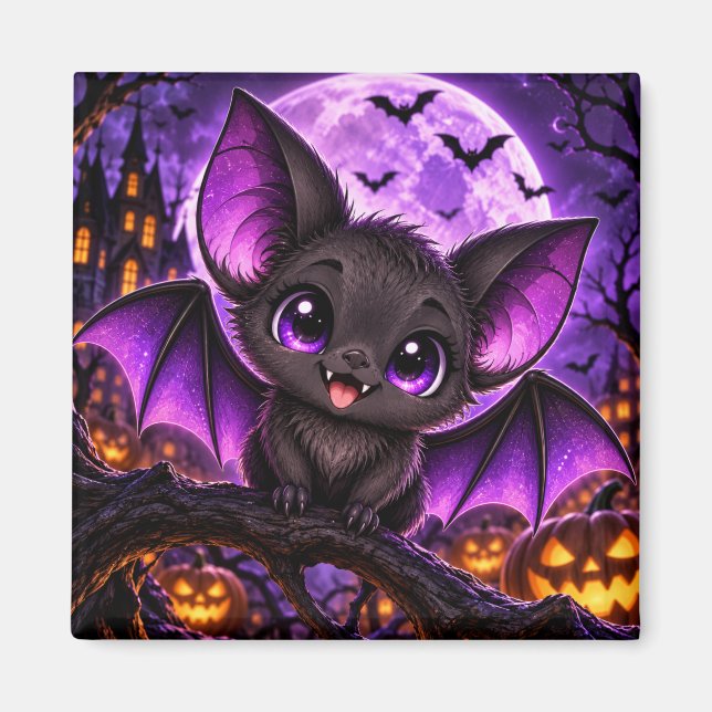 Íman Morcego Roxo Gótico Fofo de Halloween Lua (Frente)