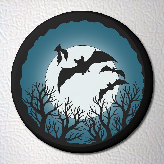 Íman Morcegos e Árvores Contra a Lua (Bats and Trees Against the Moon Magnet on White Fridge)