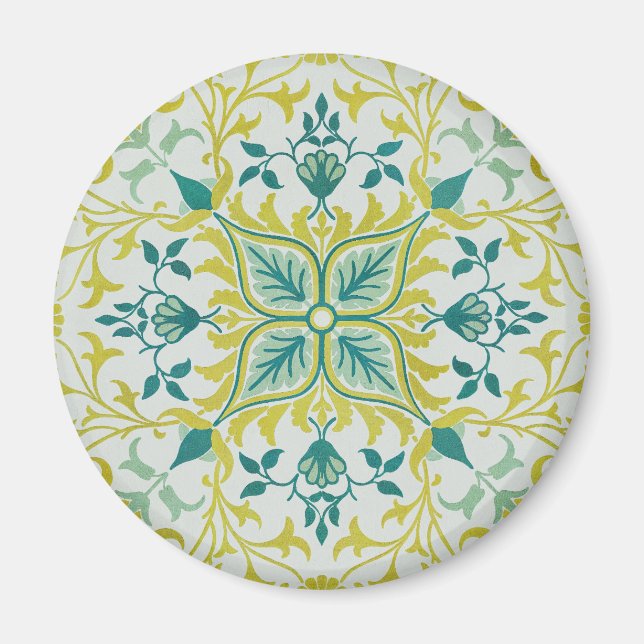 Íman Morris Amarelo Turquesa Padrão de Videira e Flor (Frente)