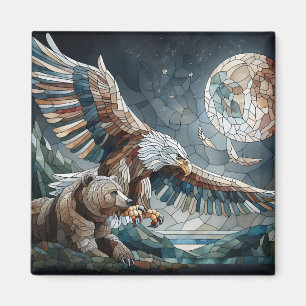 Íman Mosaico Ai Art Urso castanho e Lua cheia de águi