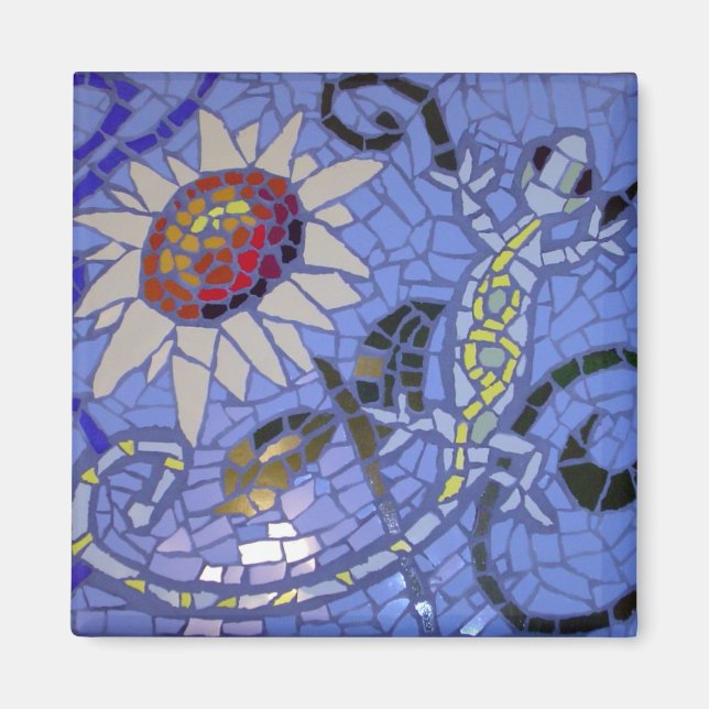 Íman Mosaico, lagartixa e girassol em azul (Frente)
