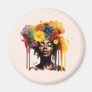 Íman Mulher afro-americana com cabelo afro floral