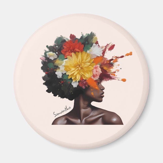 Íman Mulher Afro-Americana com Cabelo Afro Floral (2) (Frente)