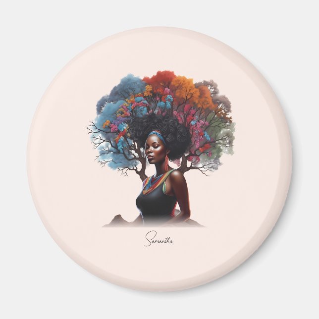 Íman Mulher afro-americana com cabelo estragado em árvo (Frente)