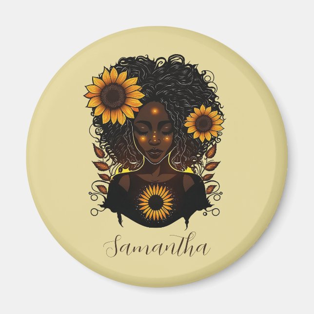 Íman Mulher Afro Rainha Sunflower (Frente)