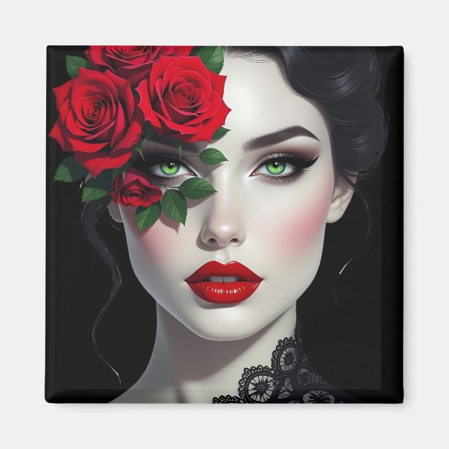 Íman Mulher Bonita com Rosa Vermelha (Frente)